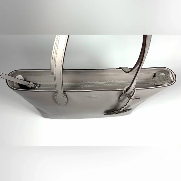 Kate Spade New York Large Leather Tote Bag Gray Pebbled Shoulder Purse 2/Flower - Picture 6 of 12